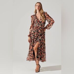 Astr The Label - Floral V-Neck Long Sleeve Maxi Dress - Black with Coral